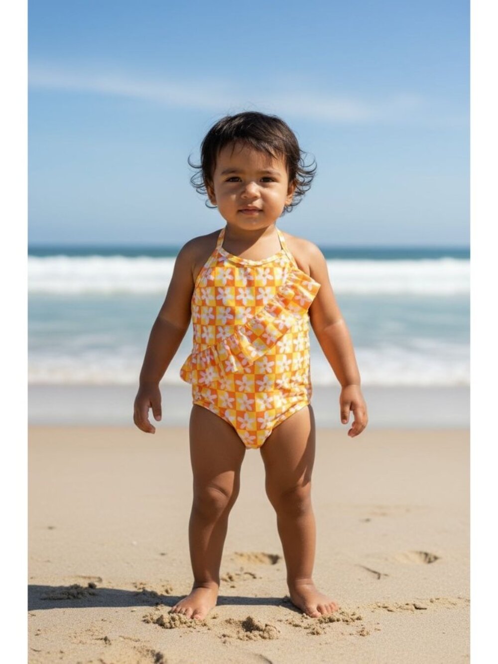 Tucker + Tate Girls Swimsuit Size 4 Orange Yellow Floral One Piece Ruffle Toddle
